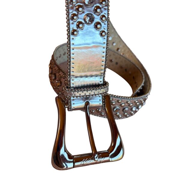 Guess Studded Rhinestone Silver Metallic Leather Bling Belt  L or XL(?) Pls Read main image 7